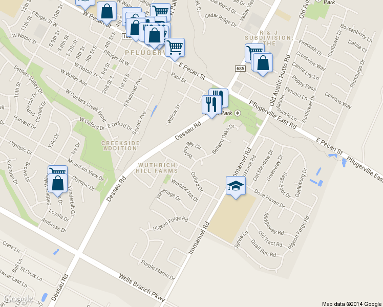 map of restaurants, bars, coffee shops, grocery stores, and more near 704 Botany Bay Circle in Pflugerville