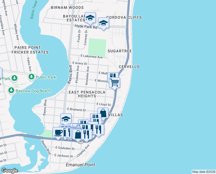 map of restaurants, bars, coffee shops, grocery stores, and more near 3300 East Blount Street in Pensacola