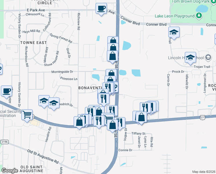 map of restaurants, bars, coffee shops, grocery stores, and more near 3085 Justice Ln in Tallahassee