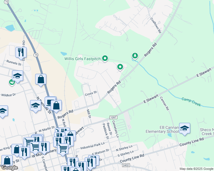 map of restaurants, bars, coffee shops, grocery stores, and more near 107 Laurie Lane in Willis