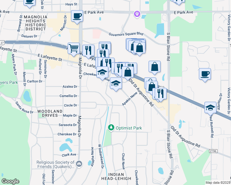 map of restaurants, bars, coffee shops, grocery stores, and more near 1414 Chowkeebin Nene in Tallahassee