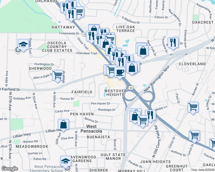 map of restaurants, bars, coffee shops, grocery stores, and more near 5 Westover Avenue in Pensacola