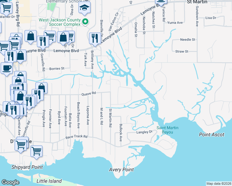map of restaurants, bars, coffee shops, grocery stores, and more near 16029 Lorraine Circle in Biloxi