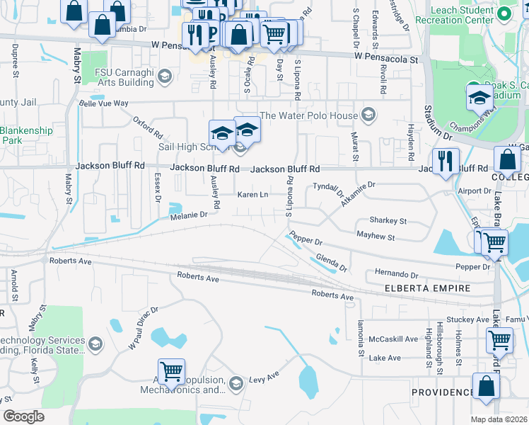 map of restaurants, bars, coffee shops, grocery stores, and more near 905 Brave Trail in Tallahassee