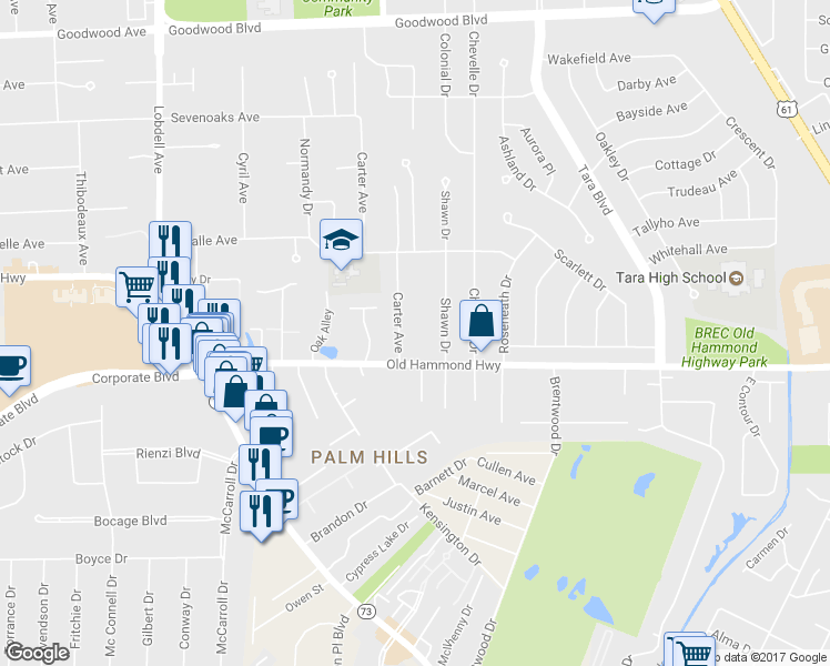map of restaurants, bars, coffee shops, grocery stores, and more near 1965 Carter Avenue in Baton Rouge