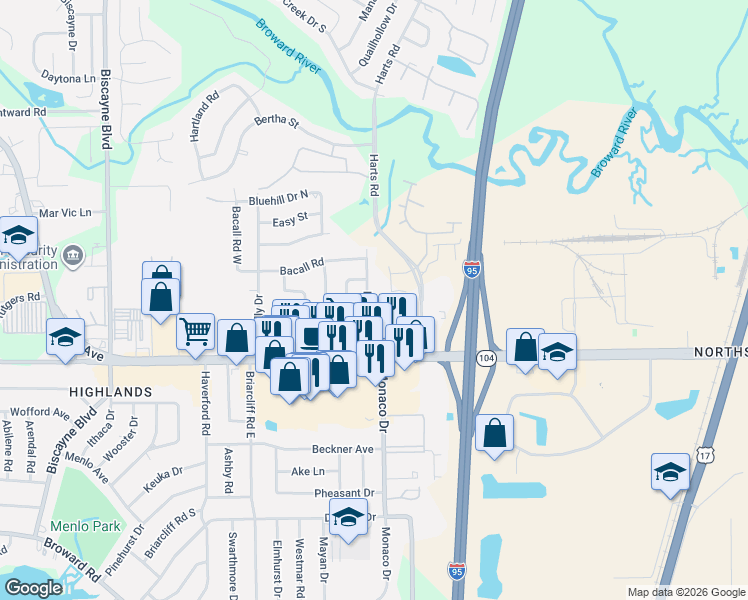 map of restaurants, bars, coffee shops, grocery stores, and more near 10889 Regency Drive in Jacksonville