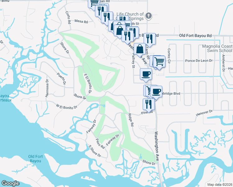 map of restaurants, bars, coffee shops, grocery stores, and more near 6220 Ridge Road in Ocean Springs