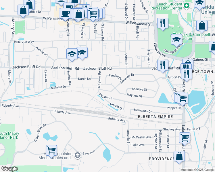 map of restaurants, bars, coffee shops, grocery stores, and more near 1813 Mayhew Street in Tallahassee