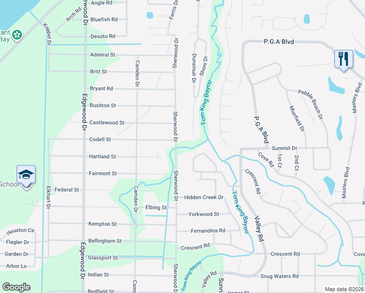 map of restaurants, bars, coffee shops, grocery stores, and more near 2618 Sherwood Drive in Navarre