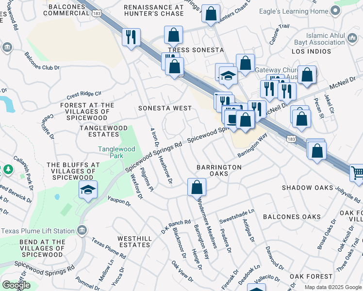map of restaurants, bars, coffee shops, grocery stores, and more near 11611 Queens Way in Austin