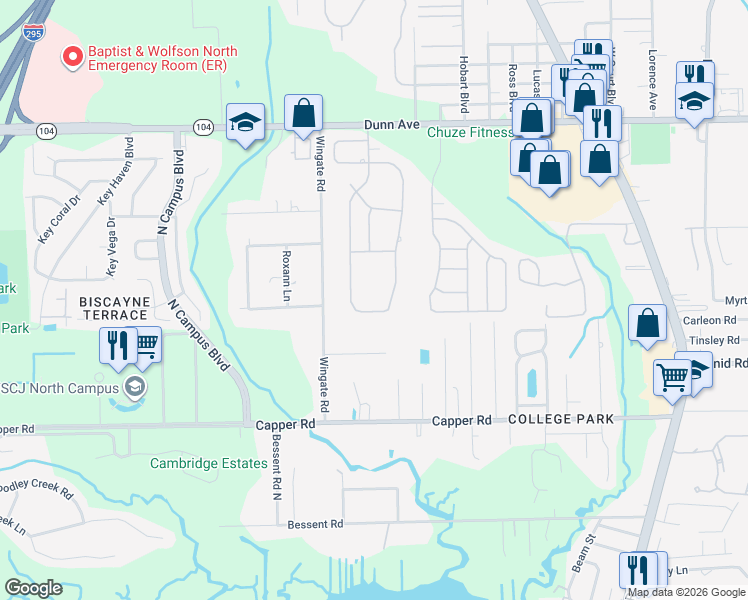 map of restaurants, bars, coffee shops, grocery stores, and more near 10820 Lydia Estates Drive East in Jacksonville