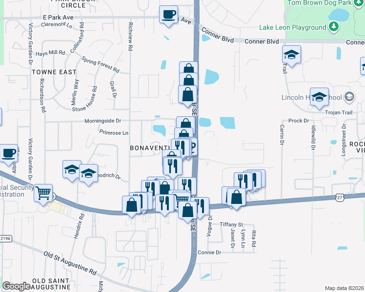 map of restaurants, bars, coffee shops, grocery stores, and more near 3085 Justice Lane in Tallahassee