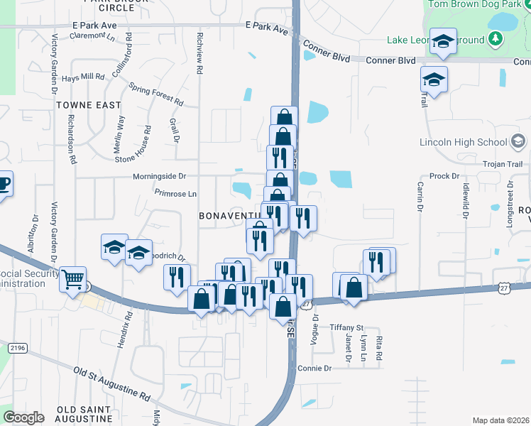 map of restaurants, bars, coffee shops, grocery stores, and more near 3085 Justice Lane in Tallahassee