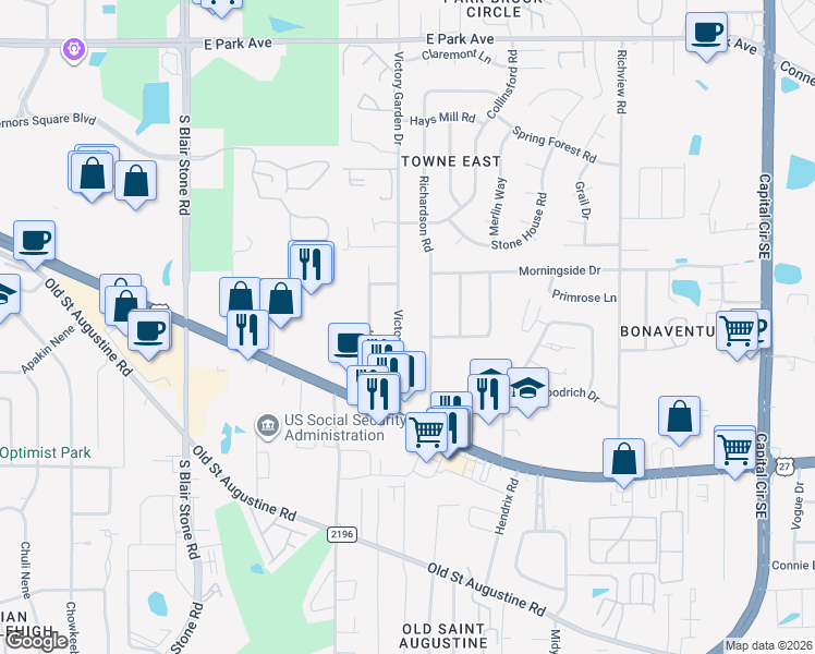 map of restaurants, bars, coffee shops, grocery stores, and more near 1122 Victory Garden Drive in Tallahassee
