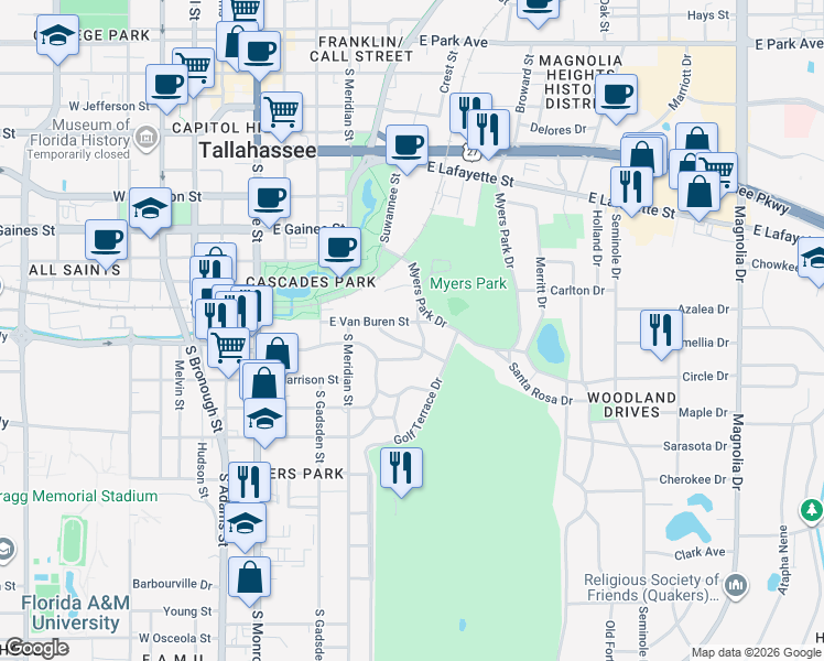 map of restaurants, bars, coffee shops, grocery stores, and more near 545 East Van Buren Street in Tallahassee