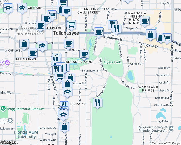map of restaurants, bars, coffee shops, grocery stores, and more near 511 Hart Street in Tallahassee