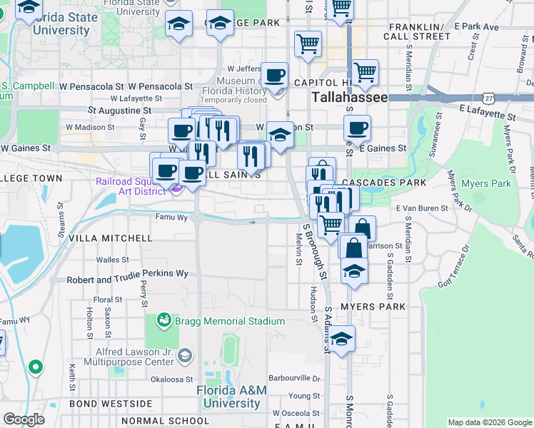 map of restaurants, bars, coffee shops, grocery stores, and more near 315 West Van Buren Street in Tallahassee