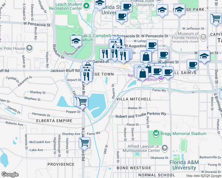 map of restaurants, bars, coffee shops, grocery stores, and more near 1210 Stearns Street in Tallahassee
