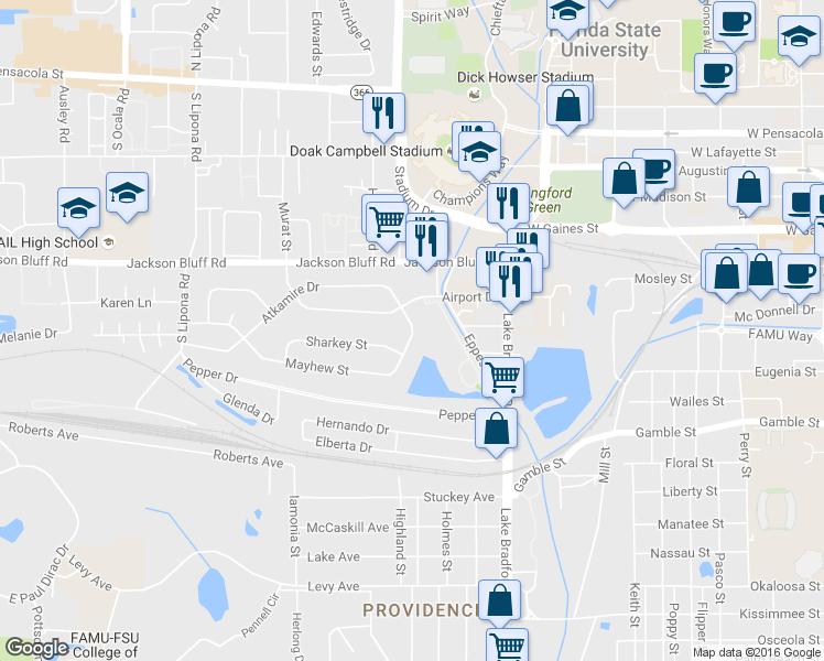 map of restaurants, bars, coffee shops, grocery stores, and more near 1402 Atkamire Dr in Tallahassee