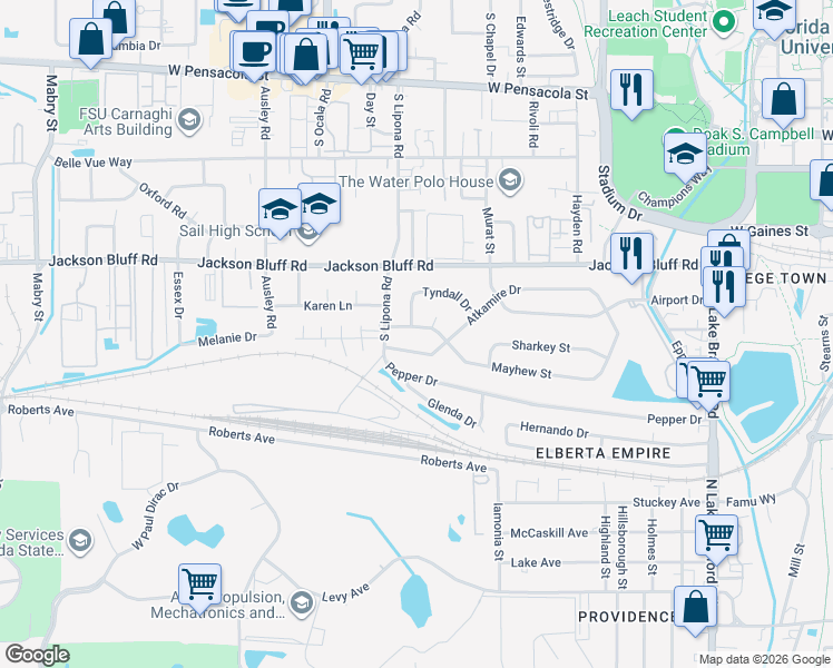 map of restaurants, bars, coffee shops, grocery stores, and more near 1813 Mayhew Street in Tallahassee