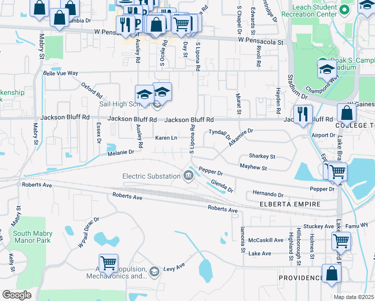 map of restaurants, bars, coffee shops, grocery stores, and more near 1819 Mayhew Street in Tallahassee