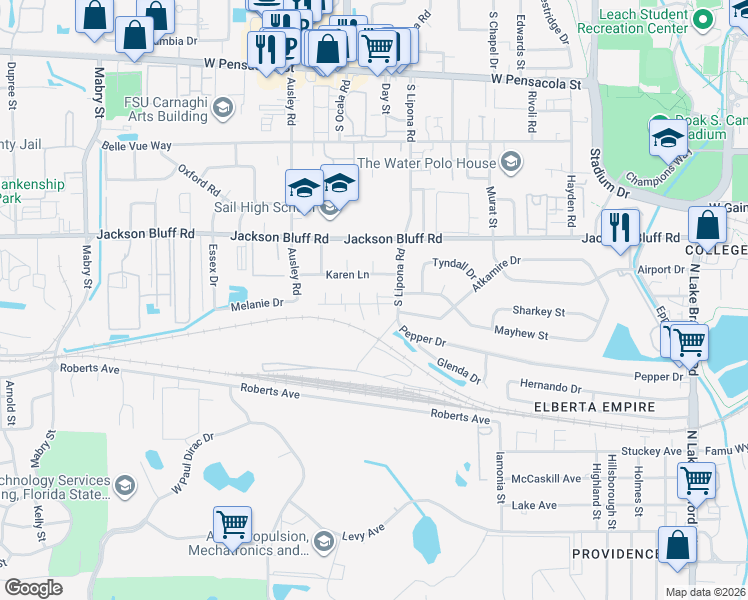 map of restaurants, bars, coffee shops, grocery stores, and more near 905 Brave Trail in Tallahassee