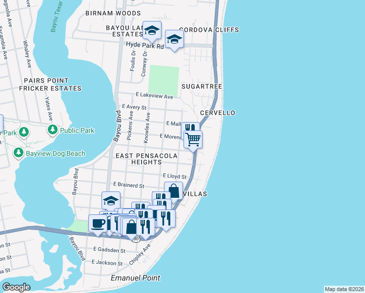 map of restaurants, bars, coffee shops, grocery stores, and more near 3300 East Blount Street in Pensacola