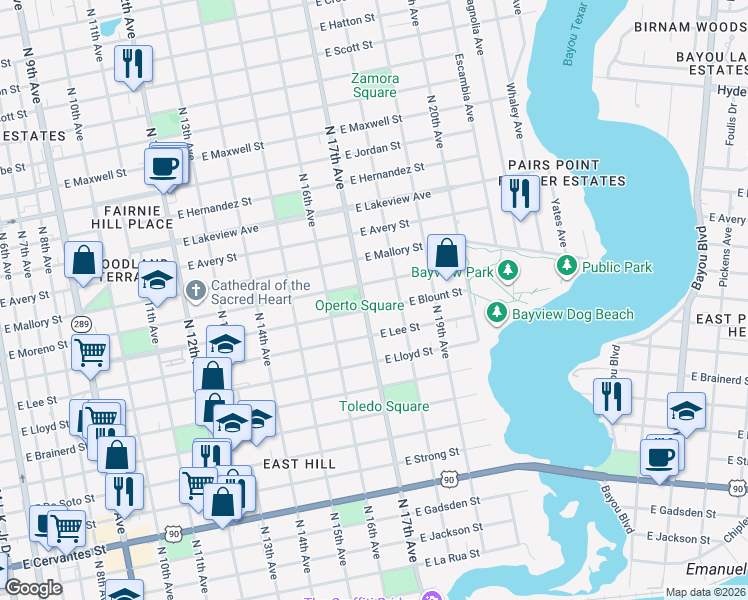 map of restaurants, bars, coffee shops, grocery stores, and more near 1700 East Blount Street in Pensacola