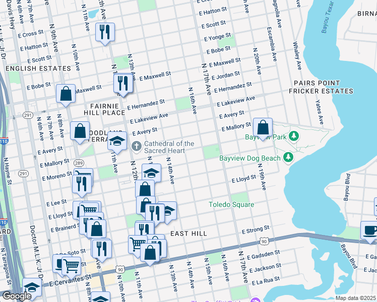 map of restaurants, bars, coffee shops, grocery stores, and more near 1507 East Moreno Street in Pensacola