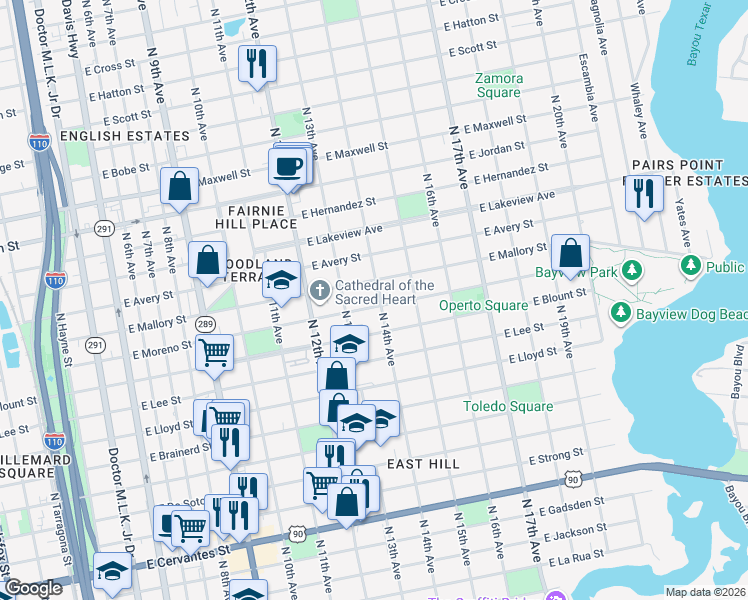 map of restaurants, bars, coffee shops, grocery stores, and more near 1600 North 14th Avenue in Pensacola