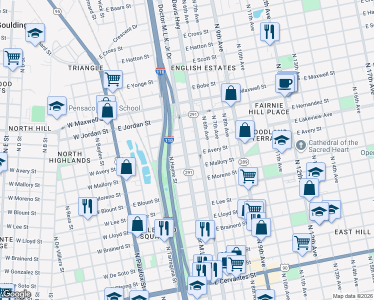 map of restaurants, bars, coffee shops, grocery stores, and more near 318 East Avery Street in Pensacola