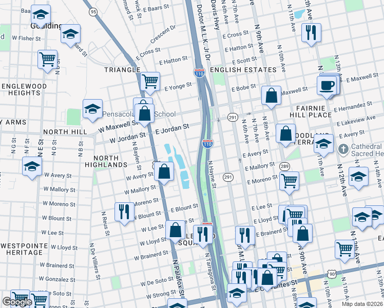 map of restaurants, bars, coffee shops, grocery stores, and more near 213 East Lakeview Avenue in Pensacola
