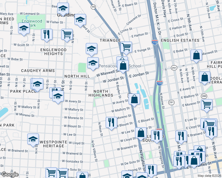map of restaurants, bars, coffee shops, grocery stores, and more near 111 West Hernandez Street in Pensacola