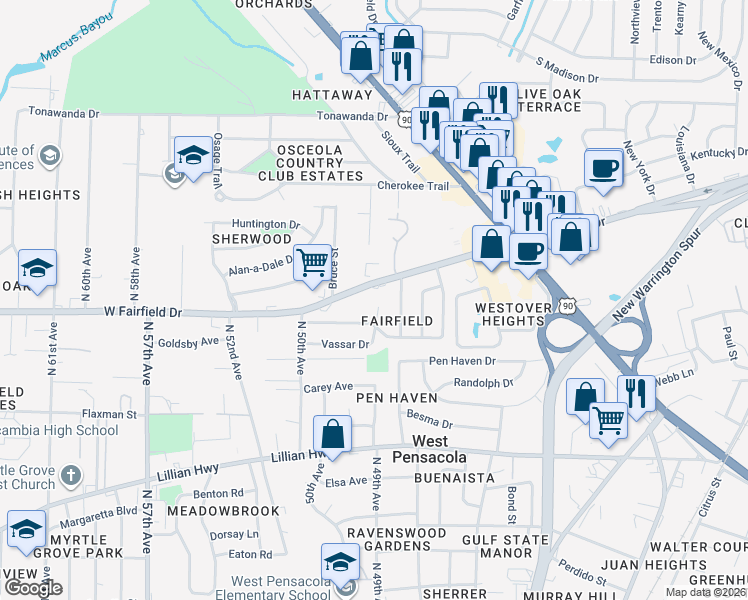 map of restaurants, bars, coffee shops, grocery stores, and more near 30 Vassar Dr in Pensacola