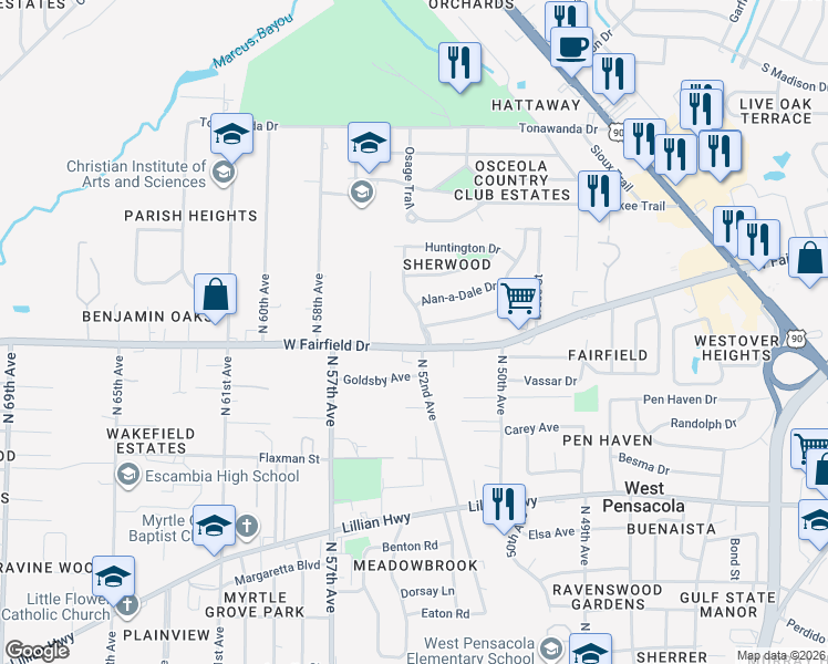 map of restaurants, bars, coffee shops, grocery stores, and more near 4 Fountain Abbey in Pensacola