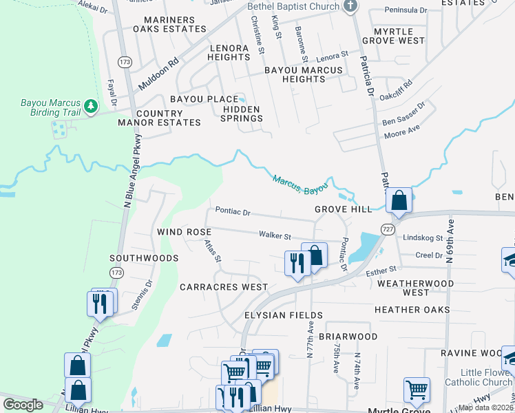 map of restaurants, bars, coffee shops, grocery stores, and more near 7722 Pontiac Drive in Pensacola