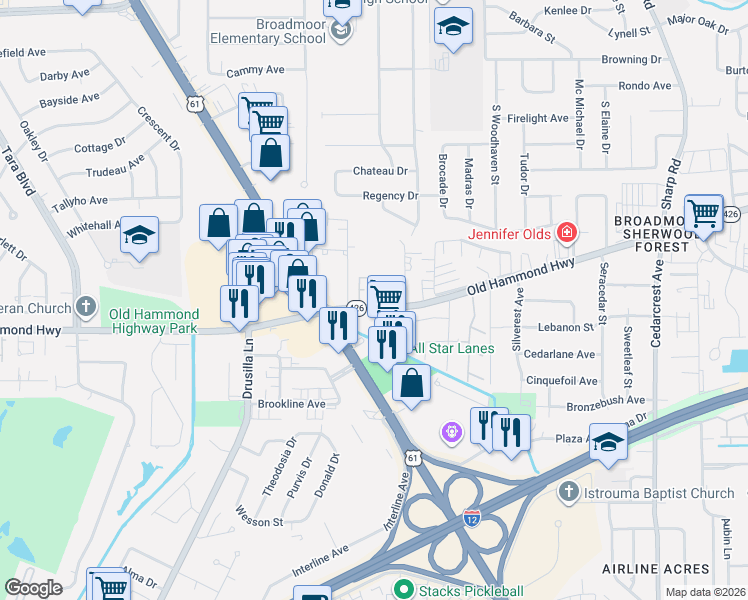 map of restaurants, bars, coffee shops, grocery stores, and more near 9889 Old Hammond Highway in Baton Rouge