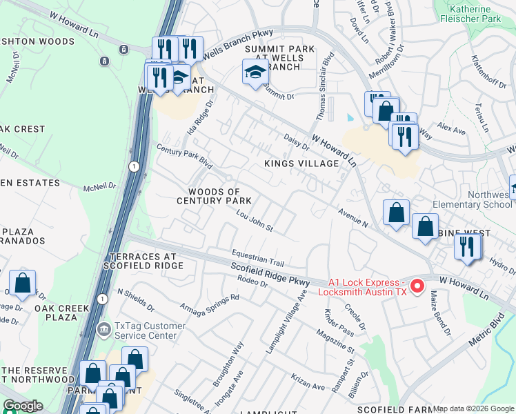 map of restaurants, bars, coffee shops, grocery stores, and more near 13512 Ryan Matthew Drive in Austin