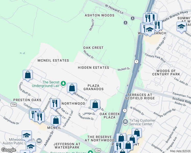 map of restaurants, bars, coffee shops, grocery stores, and more near 3707 Hidden Estates Drive in Austin