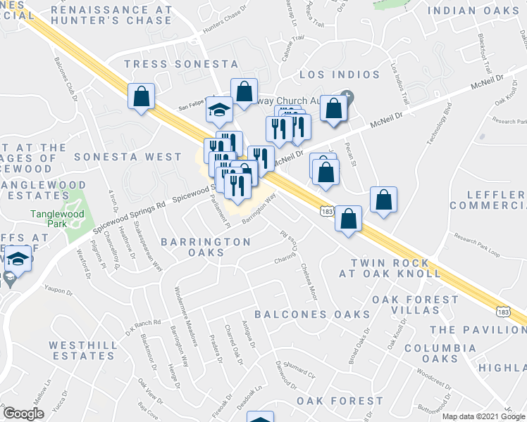 map of restaurants, bars, coffee shops, grocery stores, and more near 11910 Barrington Way in Austin