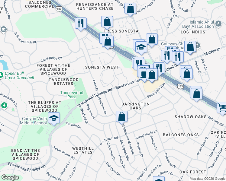 map of restaurants, bars, coffee shops, grocery stores, and more near 11611 Queens Way in Austin