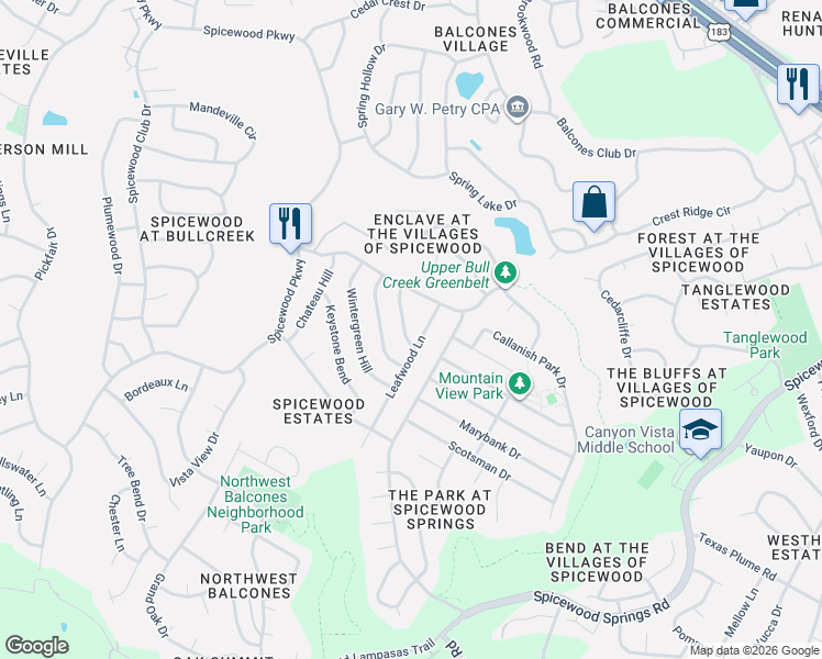 map of restaurants, bars, coffee shops, grocery stores, and more near 11004 Leafwood Lane in Austin