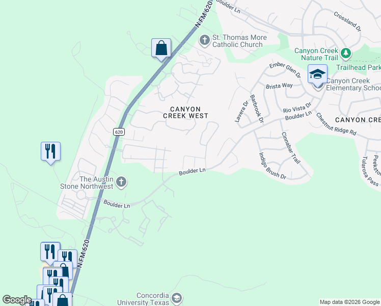 map of restaurants, bars, coffee shops, grocery stores, and more near 11412 Tibee Drive in Austin