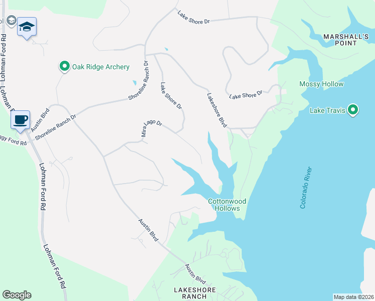 map of restaurants, bars, coffee shops, grocery stores, and more near 5312 Mira Lago Drive in Lago Vista