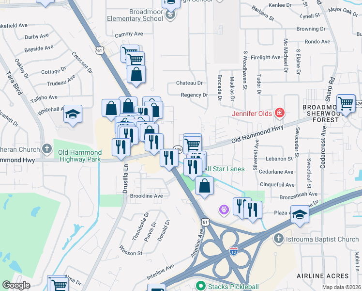 map of restaurants, bars, coffee shops, grocery stores, and more near 9889 Old Hammond Highway in Baton Rouge
