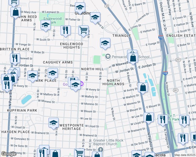 map of restaurants, bars, coffee shops, grocery stores, and more near 611 West Hernandez Street in Pensacola