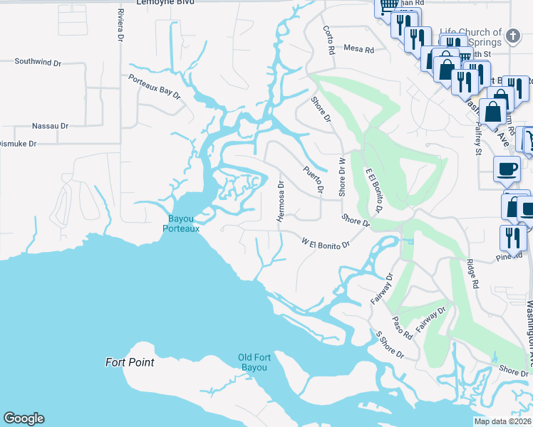 map of restaurants, bars, coffee shops, grocery stores, and more near 6316 Porteaux Road in Ocean Springs