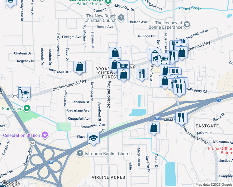 map of restaurants, bars, coffee shops, grocery stores, and more near 2080 Aubin Lane in Baton Rouge