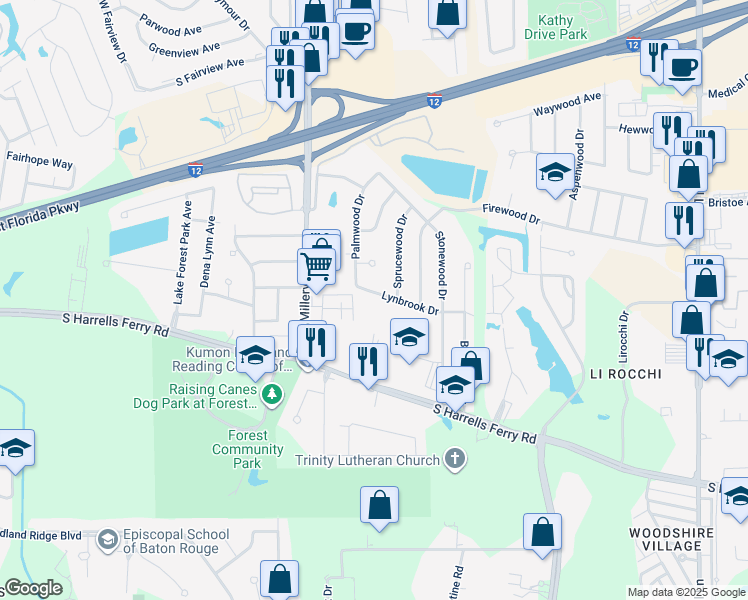 map of restaurants, bars, coffee shops, grocery stores, and more near 14802 Lynbrook Dr in Baton Rouge