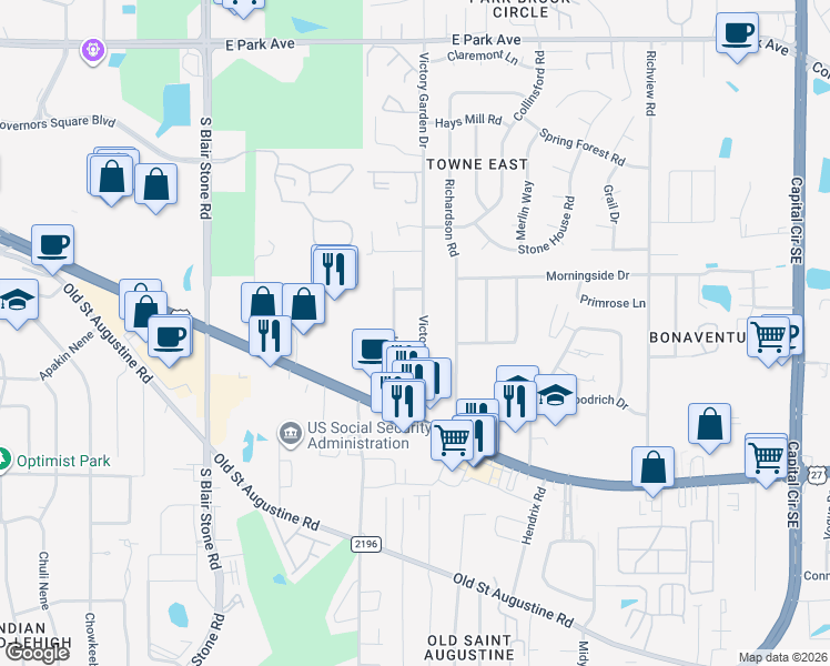 map of restaurants, bars, coffee shops, grocery stores, and more near 1122 Victory Garden Drive in Tallahassee